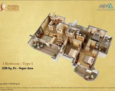 Aipl-the-peaceful-homes-floor-plan-3-bhk-type-1
