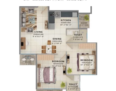 Signature-global-millennia-3-floor-plan-2-bhk-type-1