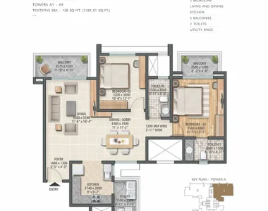 Sobha-city-gurgaon-2bhk-tower-a1-a4-unit-type-a-1381-sqft